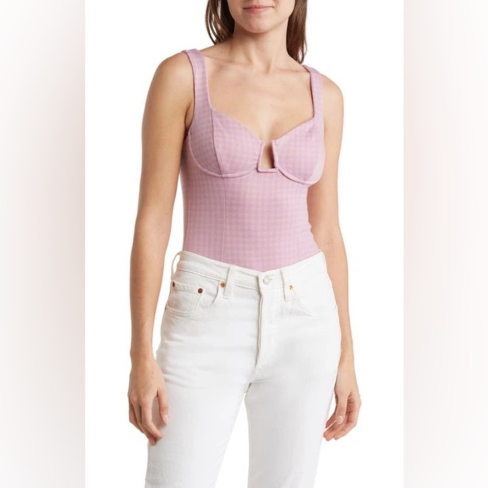 NWOT ASTR Aria Pink/Lilac Gingham Print Bodysuit Size XS
